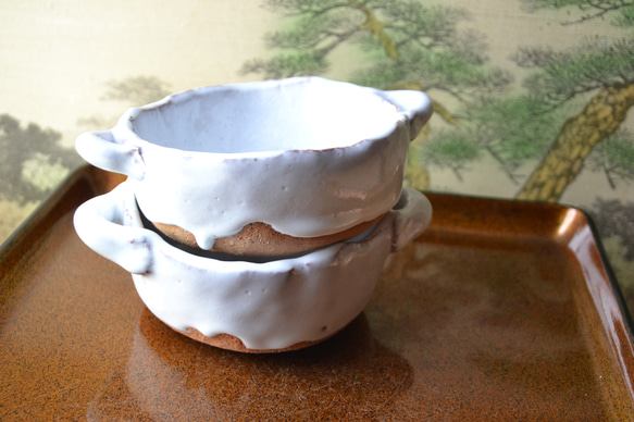 【再入荷！】白萩　グラタン皿2個セット　スープカップ　★萩焼　 11枚目の画像