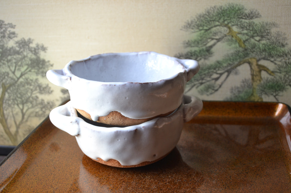 【再入荷！】白萩　グラタン皿2個セット　スープカップ　★萩焼　 13枚目の画像