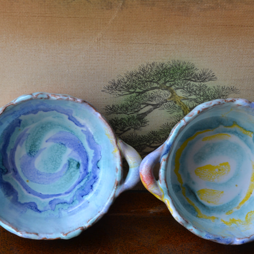 渦巻き模様の白い陶器皿 3枚セット ドット渦小皿3枚 青×