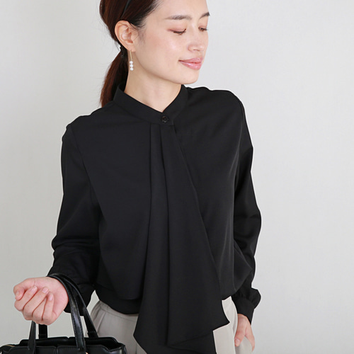 式典〜普段着も◎ 結ばず決まる 洗えるボウタイブラウス 長袖 シワに