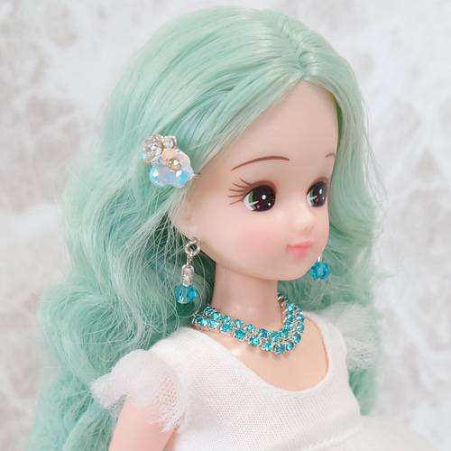 287リカちゃん2連ネックレスヘアピンピアスセット（ライトブルー花 