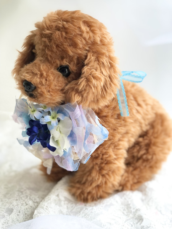 犬お花チョーカー≪花びらリボンブルー≫　写真撮影　トリミング　首飾り　犬猫アクセサリー　ヘッドアクセ　うちの子　結婚式 4枚目の画像