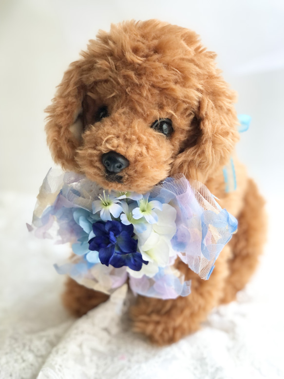 ♡アプリコットさま専用♡ トリミングチョーカー 犬お花チョーカー≪花びらリボンブルー≫ 写真撮影 トリミング