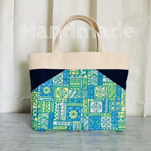 斜めポケットトートバッグ（緑/青/生成り）＊ハンドメイド トート 