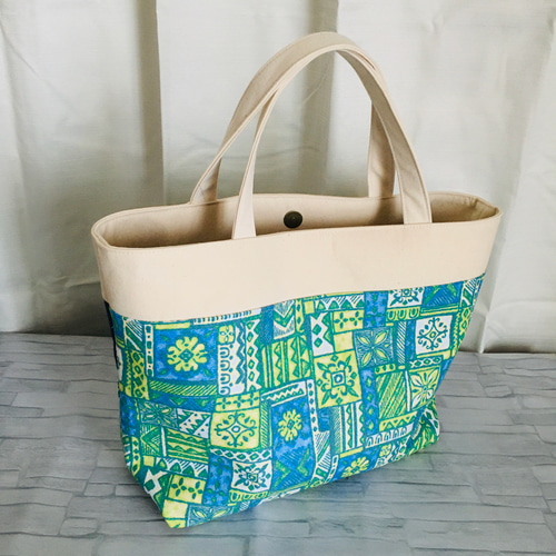 斜めポケットトートバッグ（緑/青/生成り）＊ハンドメイド