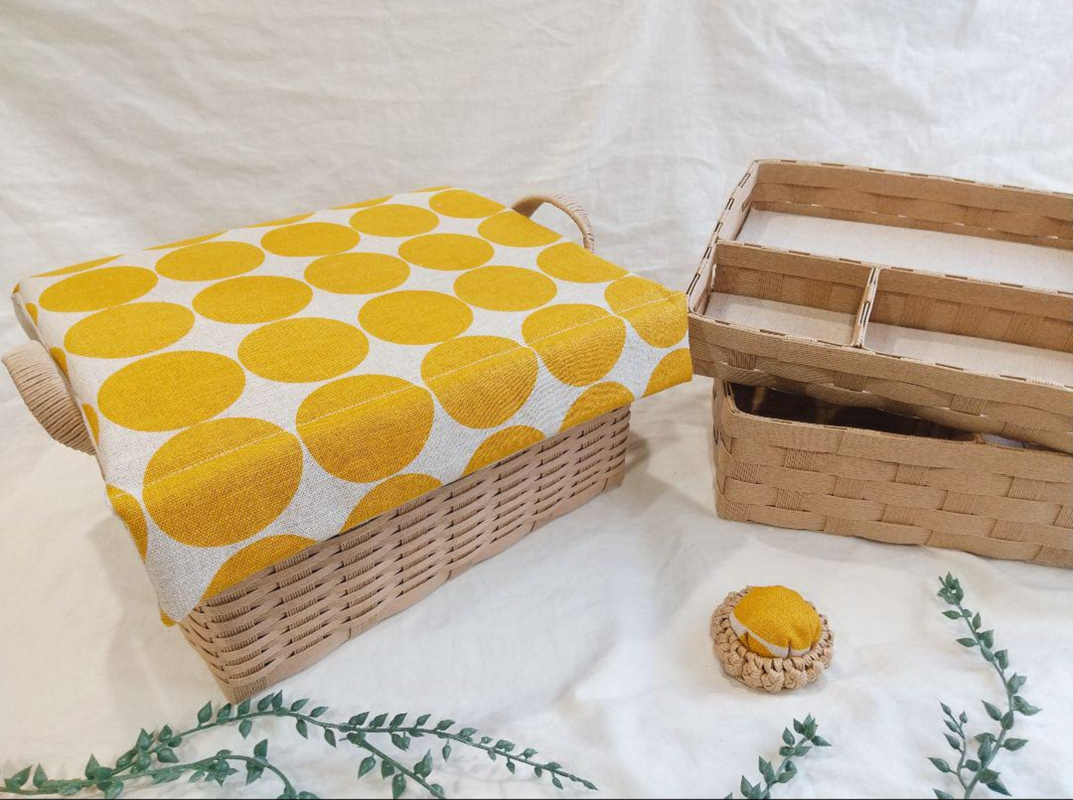 [受注製作] ふたL型   裁縫箱セット 【大玉ドット イエロー】ナチュラル シンプル 見せる収納 針刺し付き