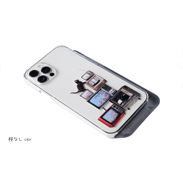櫻花電視機旁的貓咪圖案 iPhone 手機殼，適用於 iPhone 17+，簡約透明，安卓 第7張的照片