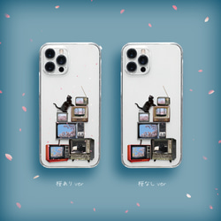 櫻花電視機旁的貓咪圖案 iPhone 手機殼，適用於 iPhone 17+，簡約透明，安卓 第1張的照片