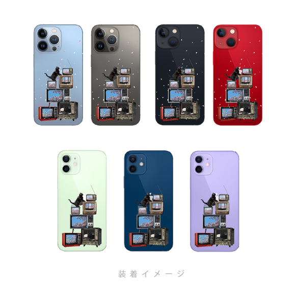 櫻花電視機旁的貓咪圖案 iPhone 手機殼，適用於 iPhone 17+，簡約透明，安卓 第8張的照片