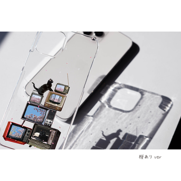 櫻花電視機旁的貓咪圖案 iPhone 手機殼，適用於 iPhone 17+，簡約透明，安卓 第3張的照片