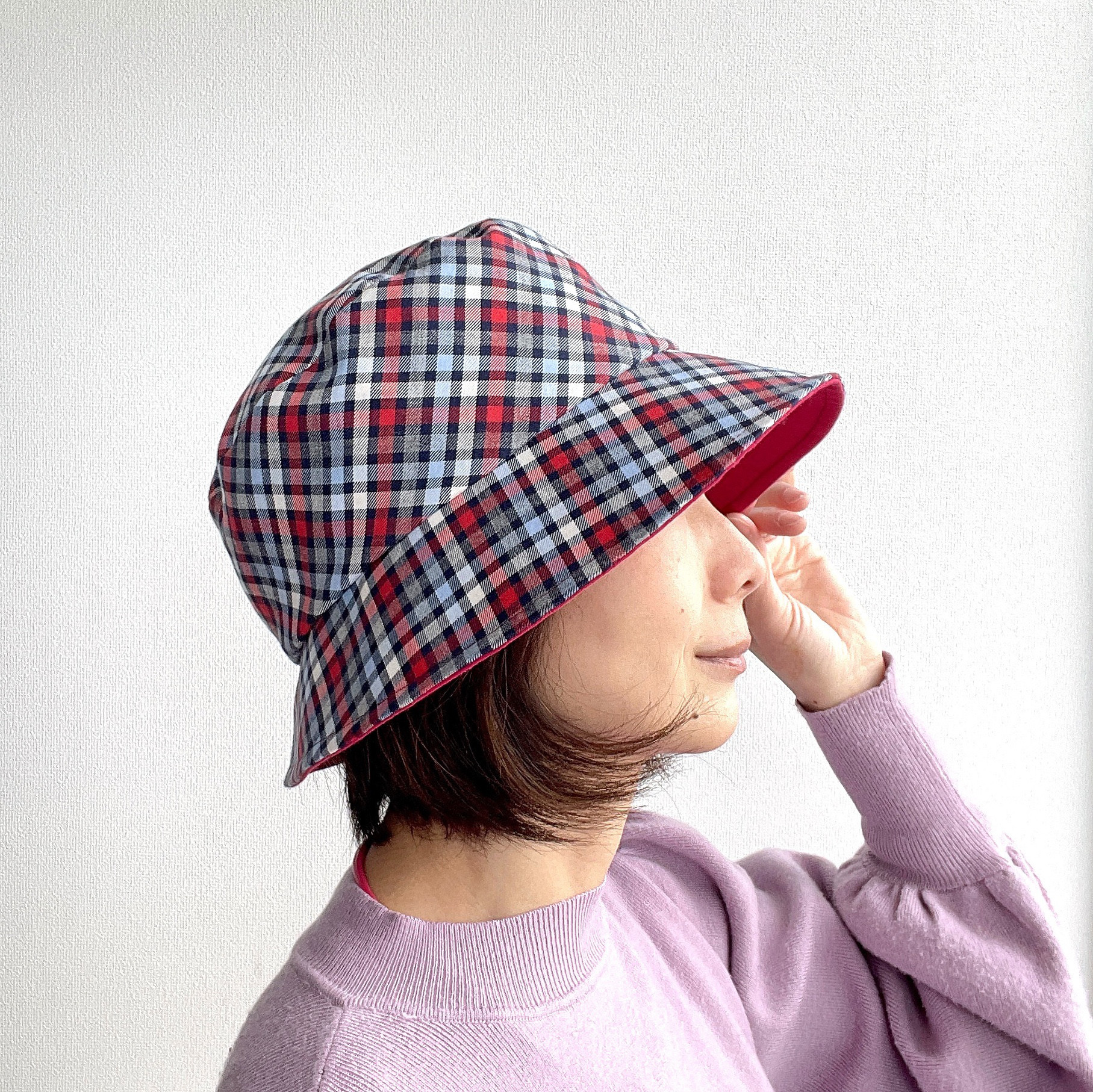 《受注製作》赤 4色チェック チェック バケットハット バケハ 大人可愛い 帽子 大きい 小さい