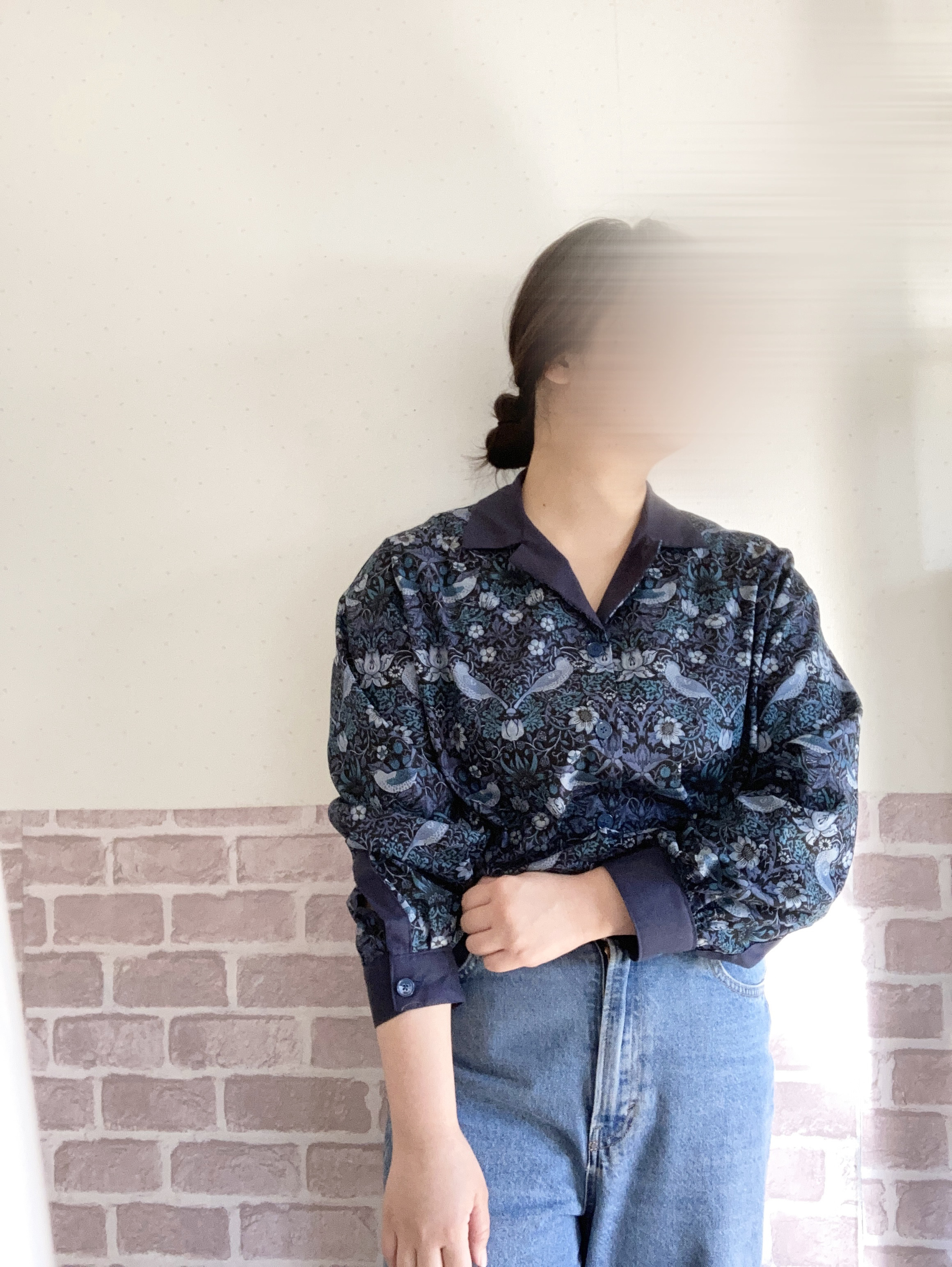 【受注制作】開襟長袖シャツ　いちご泥棒/ブルー