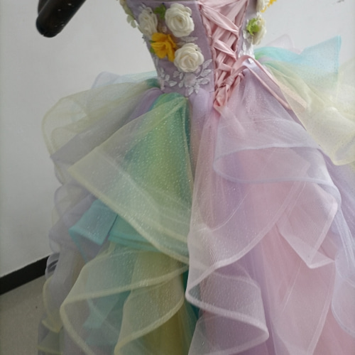 カラードレス レインボースカート ベアトップ 上質オーガンジー 3Dバラ  