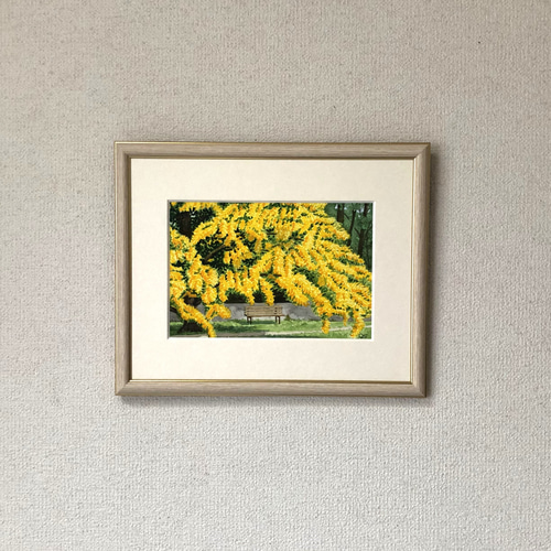 透明水彩画　原画　「ミモザの下で」額縁付　SMサイズ　風景画 ミモザの下で」透明水彩画 原画 風景画 額縁付 SMサイズ 絵画