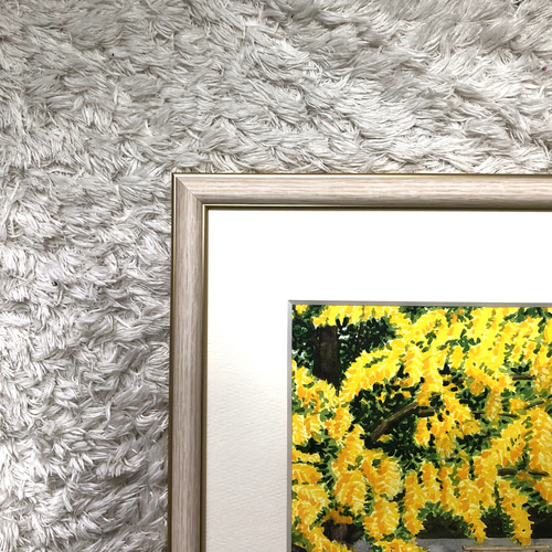 透明水彩画 原画 「ミモザの下で」額縁付 SMサイズ 風景画