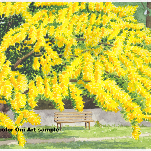透明水彩画　原画　「ミモザの下で」額縁付　SMサイズ　風景画 透明水彩画 原画 「ミモザの下で」額縁付 SMサイズ 風景画