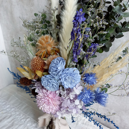 くすみブルーのボリュームスワッグ✿ブーケ プリザーブドフラワー