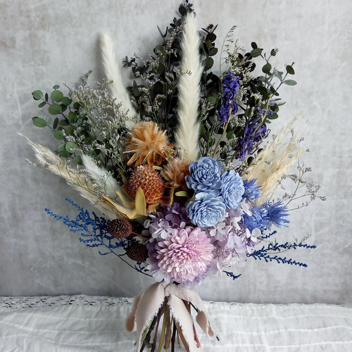 くすみブルーのボリュームスワッグ✿ブーケ プリザーブドフラワー