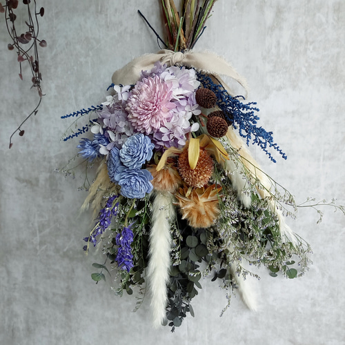 くすみブルーのボリュームスワッグ✿ブーケ プリザーブドフラワー