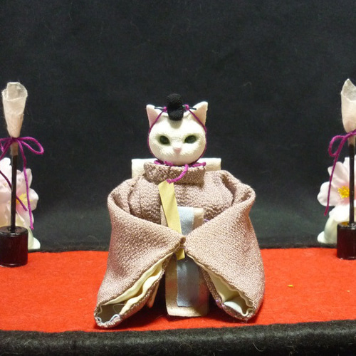 猫のお雛様 桜の屏風 緋毛氈の台座 雪洞 桜の花束付 ひな人形・雛飾り