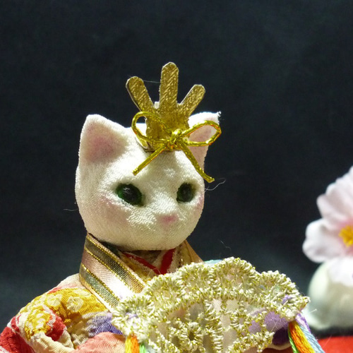 猫のお雛様 桜の屏風 緋毛氈の台座 雪洞 桜の花束付 ひな人形