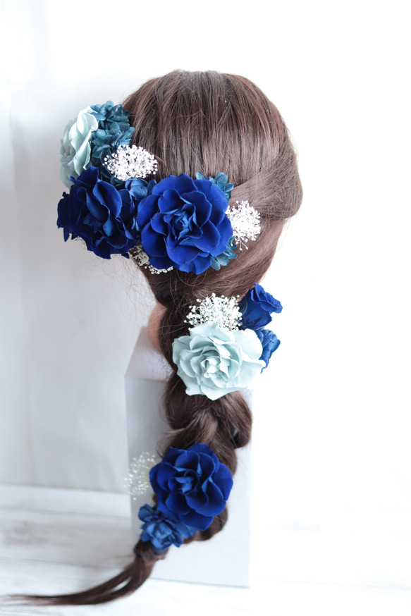 【カラーオーダーＯＫ】ロイヤルブルーのバラ&アジサイのヘッドドレス＊プリザーブドフラワー 6枚目の画像