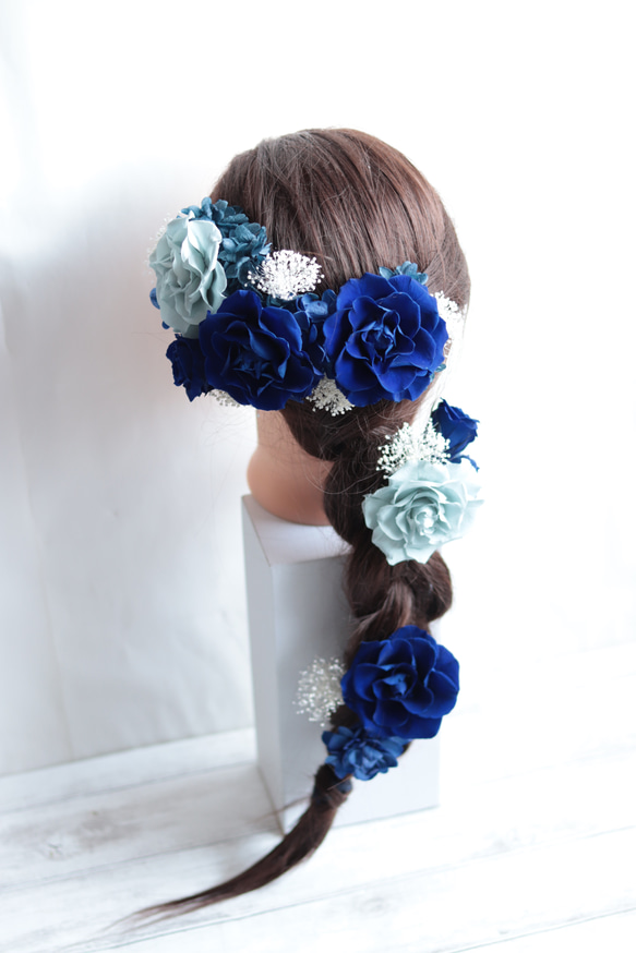 【カラーオーダーＯＫ】ロイヤルブルーのバラ&アジサイのヘッドドレス＊プリザーブドフラワー 8枚目の画像