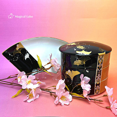 和モダン♪金彩とイチョウ柄のお重と扇皿のセット☆三段重＊和皿＊和