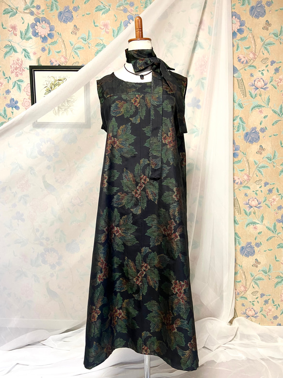 黒紬 花模様 Aラインワンピース＆リボンベルト 着物リメイク 
