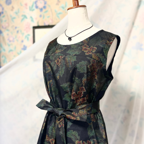 黒紬 花模様 Aラインワンピース＆リボンベルト 着物リメイク 