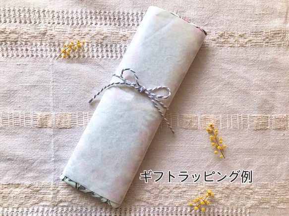 お箸袋　カトラリーケース　ブロックプリント　桃小花×ミントグリーン 木製ビーズ 10枚目の画像