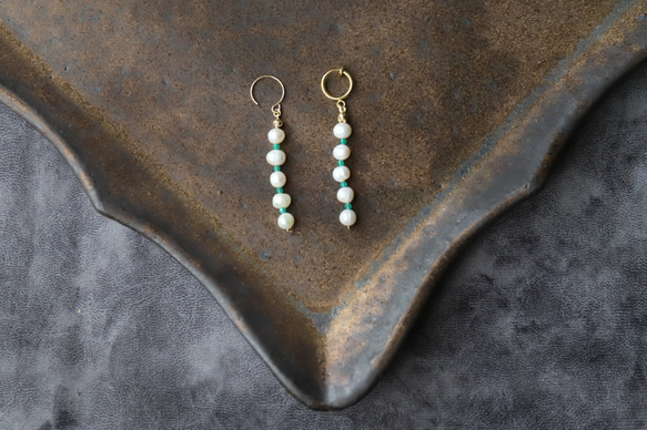 淡水珍珠 x 綠瑪瑙 5 件套耳環 [14kgf] ・耳環 (#993・#994) 第4張的照片