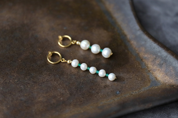 淡水珍珠 x 綠瑪瑙 5 件套耳環 [14kgf] ・耳環 (#993・#994) 第15張的照片