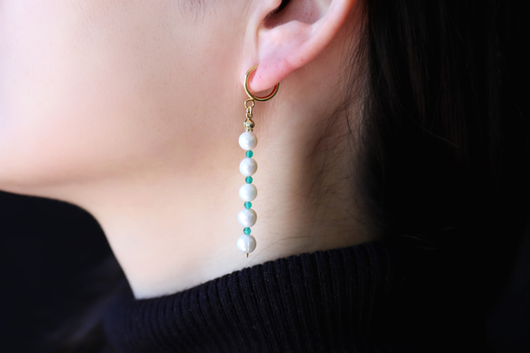 淡水珍珠 x 綠瑪瑙 5 件套耳環 [14kgf] ・耳環 (#993・#994) 第2張的照片