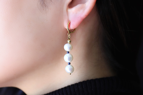 淡水珍珠 x 青金石 3 件套耳環 [14kgf] ・耳環 (#995・#996) 第2張的照片