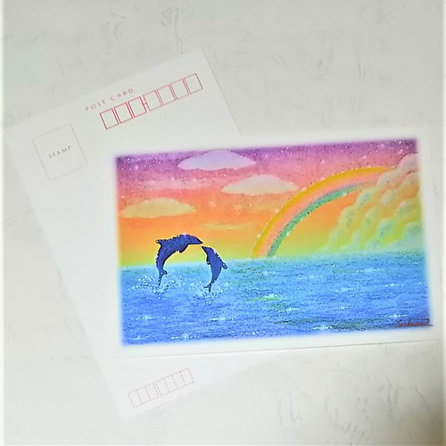 海とイルカの絵葉書2枚セット 虹色の夕焼け 暑中お見舞い残暑お見舞い