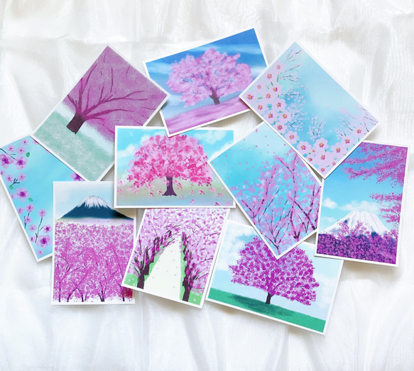 ポストカード10枚　桜　空　富士山　山　かわいい　ハガキ　イラスト　デザイン　春　季節　キレイ　お花　ピンク　さくら　　 1枚目の画像