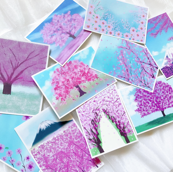 ポストカード10枚　桜　空　富士山　山　かわいい　ハガキ　イラスト　デザイン　春　季節　キレイ　お花　ピンク　さくら　　 2枚目の画像