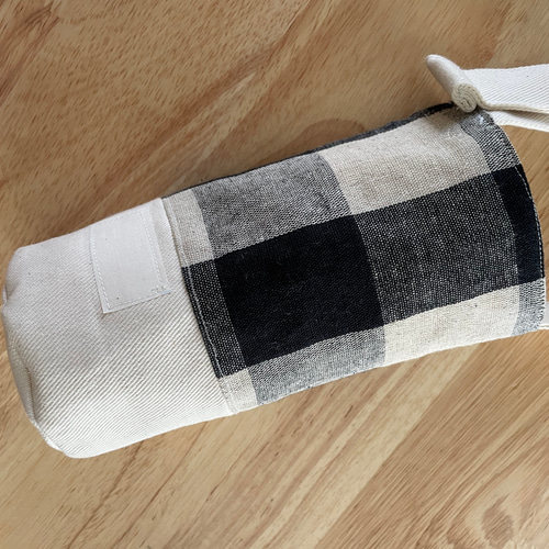 ハンドメイド　水筒　カバー　チェック コットンリネンのナチュラルな水筒カバー ショルダー 短め 長め