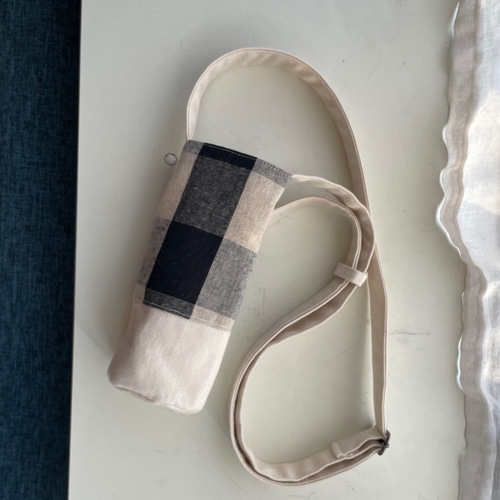 コットンリネンのナチュラルな水筒カバー ショルダー 短め 長め 調整  