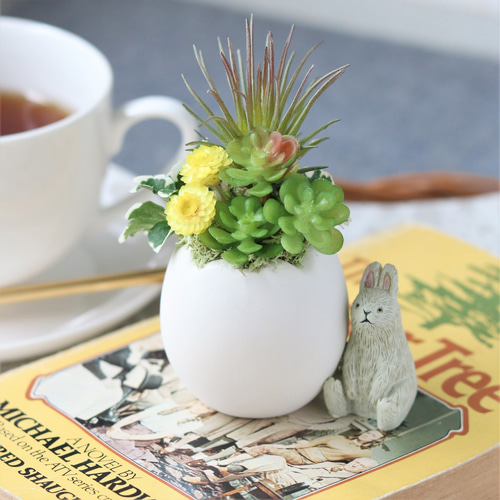 うさぎと多肉の寄せ植え風たまごアレンジ グリーンとイエロー系