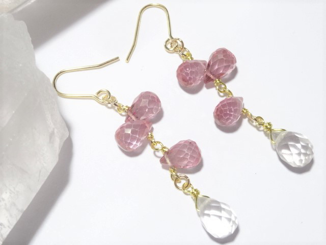 ピンクトパーズとクリスタルクォーツ(水晶)のしずくピアス