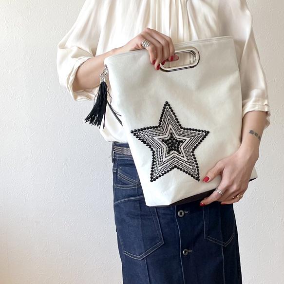 ビッグハートの大容量2wayトート（A4対応）：オフホワイト×ブラック☆Big Heart／フリンジタッセル付き