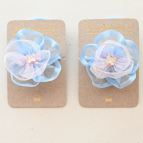 花桜 ブルー｜ヘアゴム2個セット オーガンジーリボン 雑貨