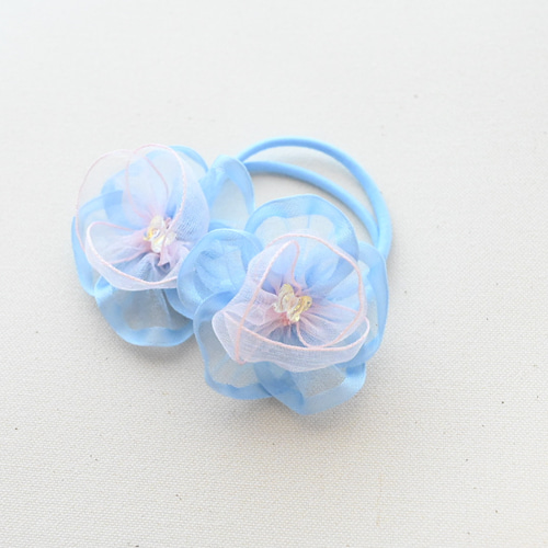 花桜 ブルー｜ヘアゴム2個セット オーガンジーリボン 雑貨