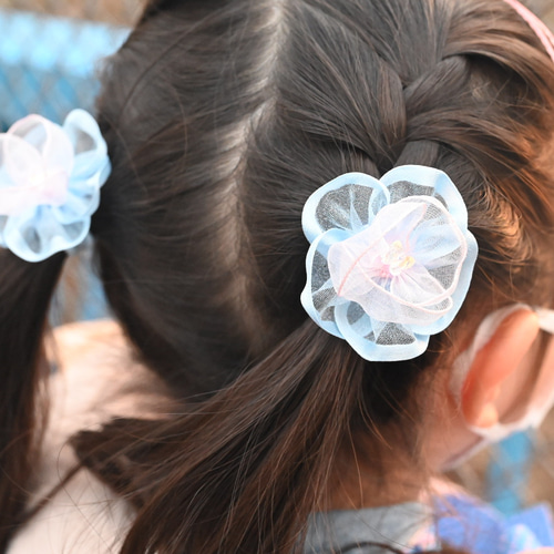 リボン　ヘアゴム♡バランスリボン♡ブルーフラワー♡ハンドメイド リボン ヘアゴム♡Fleur ribbon♡夏 オシャレ 可愛い