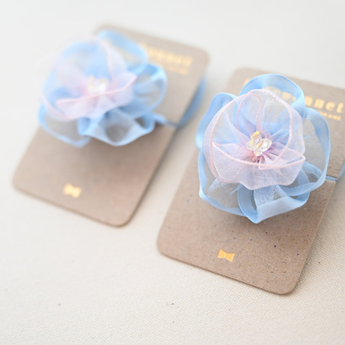 花桜 ブルー｜ヘアゴム2個セット オーガンジーリボン 雑貨