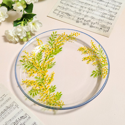 受注制作】春色♡ミモザのお皿(中皿／単品)♡有料オプションで名入れや 