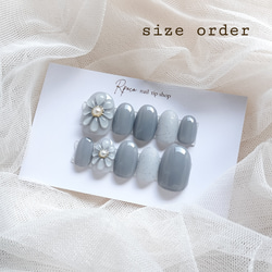 ネイルチップ #02 ブルーグレー マーブル ぷっくりフラワーネイル ネイルチップ #02 ブルーグレー マーブル ぷっくりフラワーネイル