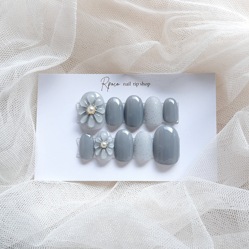 ネイルチップ #02 ブルーグレー マーブル ぷっくりフラワーネイル ネイルチップ #02 ブルーグレー マーブル ぷっくりフラワーネイル
